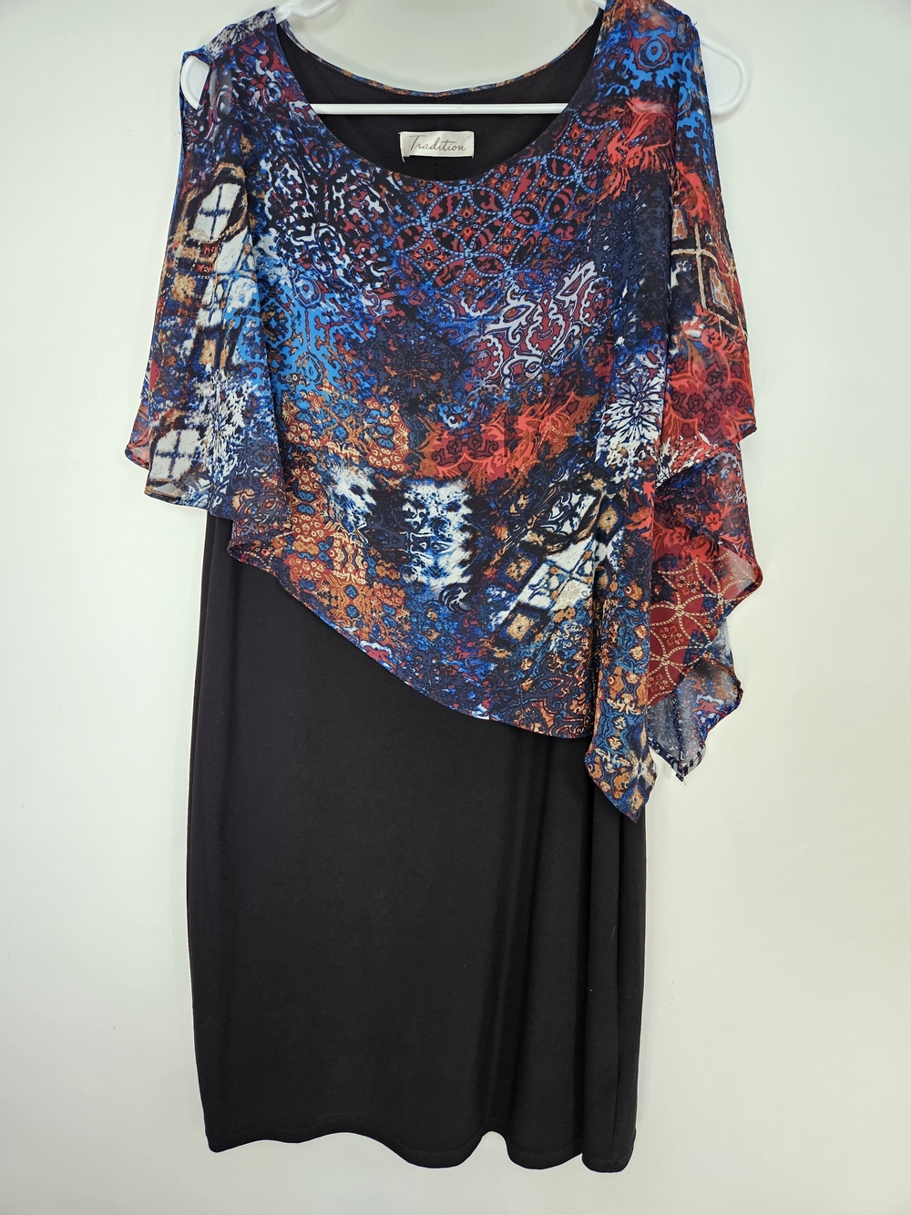 ​Tradition Overlay Sheath Dress Size 12 Abstract Paisley Chiffon Poncho Mock Two